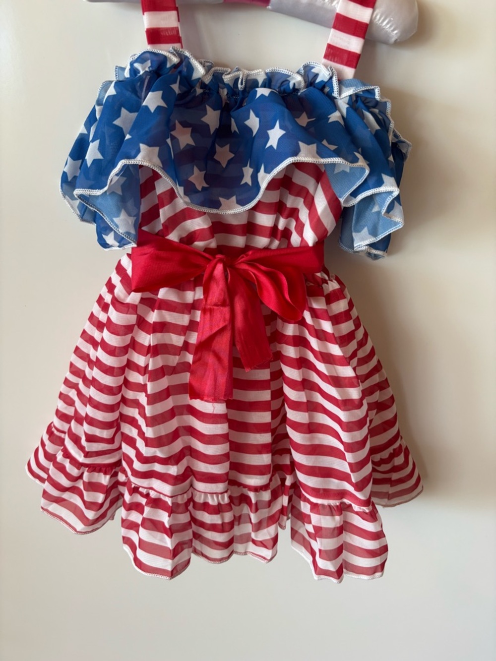 Stars & Stripes Ruffle Sundress with Satin Waist Tie. NWOT